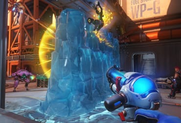 Overwatch screenshot showing a giant wall of ice that has sprung up between two different groups of fighting characters