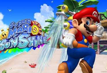 Mario jumping across a tropical beach with a jet of water firing from his back.