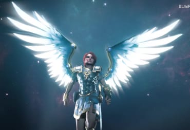 The character Fenyx wearing armor and white glowing wings