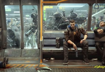 V sits on a train being besieged in Cyberpunk 2077