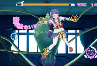 An anime girl restrained by vines in Gal*Gun Returns