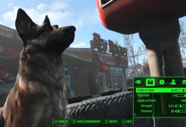 Dogmeat standing for a picture with a Fallout 4 Photo Mode mod.