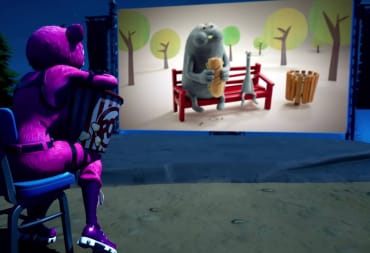 A Fortnite character watching Bench, one of the shorts airing at the Short Nite Film Festival.