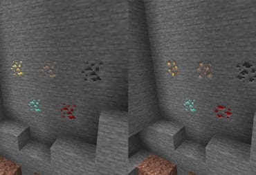 A comparison between old ore textures (left) and new ones (right) in Minecraft.