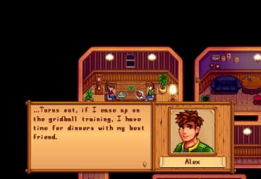 A friendly dinner with Alex from a Stardew Valley mod.