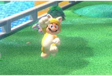 Mario in a cat suit jumping with joy