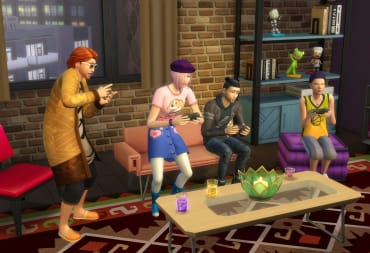 four Sims playing a game on a tv