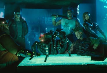 Dexter DeShawn's fixer crew gathered around a drone in Cyberpunk 2077