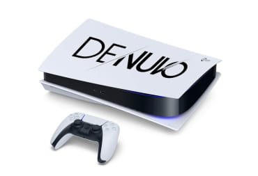 The Denuvo logo superimposed on a PS5