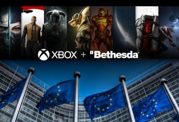 The Xbox and Bethesda/ZeniMax lineup superimposed with European Commission flags