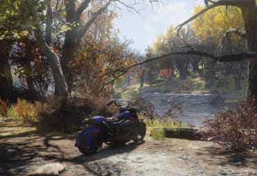 A lone motorcycle in Fallout 76's West Virginia