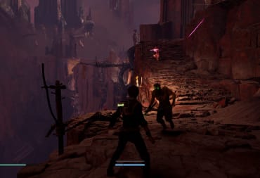 The player character in Star Wars Jedi Fallen Order onlooking enemies by a set of stairs