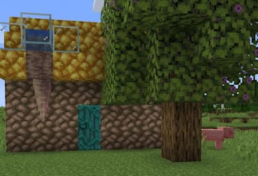 A house, a tree, and a pig in Minecraft: Java Edition