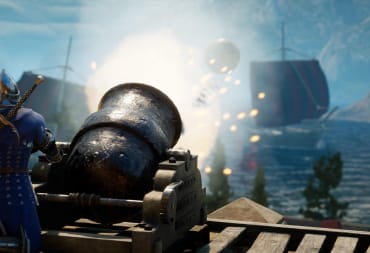 A player firing a cannonball at a ship in the new Mordhau update