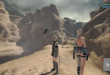 Gameplay screenshot with the protagonist, Emil, and Kaine in frame in a desert biome