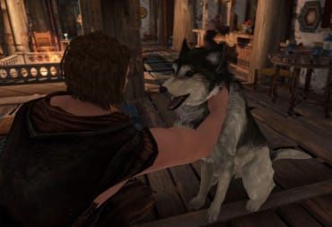 A dog being pet in Skyrim thanks to the power of mods.