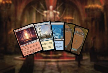 A hand of cards showing of a recently leaked Magic set