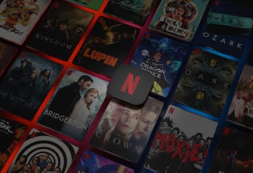 The Netflix logo against a backdrop of the company's content