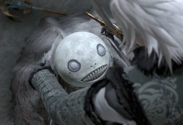 Emil, a skeletal being looking up from a kneeling position to the hero.