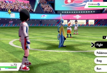 Sword and Shield screenshot showing two players facing each other across the pokemon battle field with a pokemon each already out on the field. 
