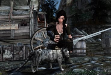 A character petting a cat in Skyrim.