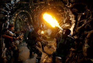 A group of marines blasting in an alien hive in Aliens: Fireteam