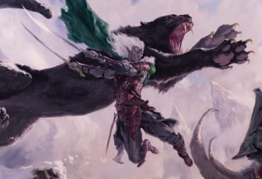 Drizzt and his panther companion leaping through the air