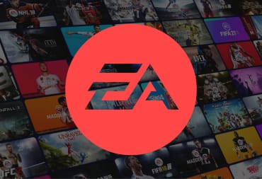 The EA logo over a backdrop of games on the EA Play service