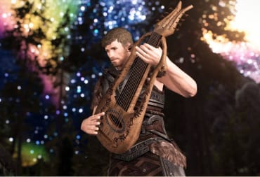 A character playing the lute in the Skyrim's Got Talent mod for Skyrim.