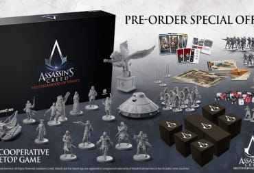 The box art and game pieces shown for the Assassins Creed: Brotherhood of Venice board game