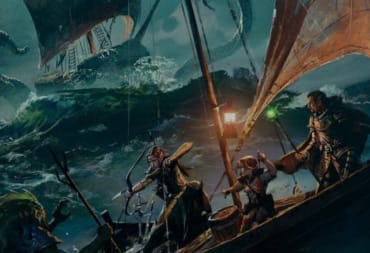 A party of adventurers on a boat during a raging storm fighting a giant squid