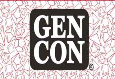 The GenCon logo in front of red images of dice