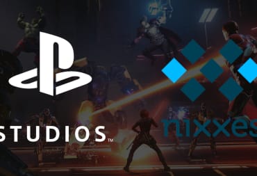 The PlayStation Studios and Nixxes logos superimposed over a Marvel's Avengers shot
