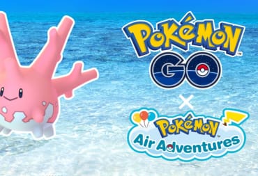 Corsola next to the logo for the Pokemon Go regional costume collab with Pokemon Air Adventures