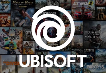 The Ubisoft logo against a backdrop of some of the company's most famous games
