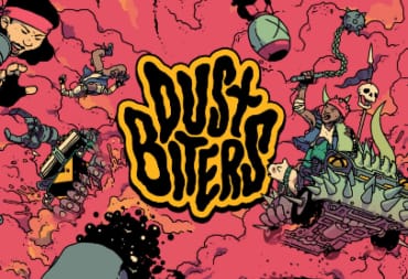 The title of Dustbiters in a pink haze surrounded by drivers and cars