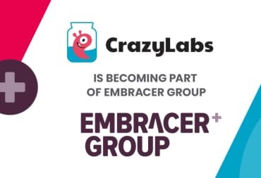 A banner image announcing the Embracer Group acquisition of CrazyLabs