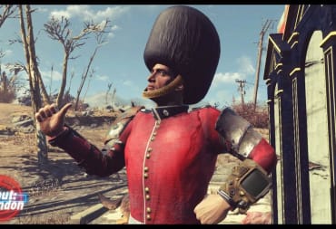 The protagonist of Fallout: London dressed as a royal guard.