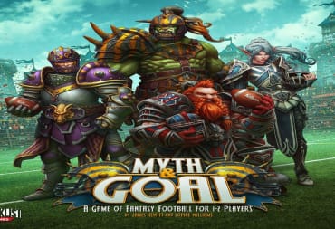 A human, orc, dwarf, and elf in football gear with the game's title in front