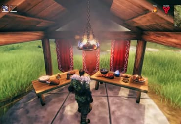 The player standing before tables covered in ingredients in the Valheim Hearth and Home update