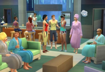 A shot of several Sims mingling in The Sims 4 Spa Day DLC pack
