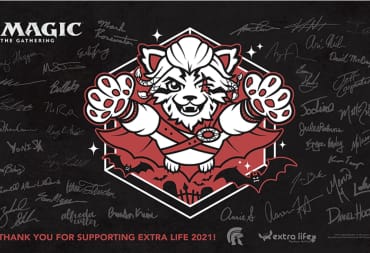 The Extra Life 2021 logo with the signatures of from those working at Wizards of the Coast surrounding it