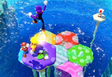 Mario, Wario, Waluigi, and Luigi competing in a minigame in Mario Party Superstars