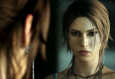 Lara Croft staring at her reflection in the mirror
