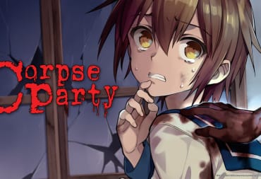 closeup of young high school girl with brown hair and teary brown eyes. to the left is the logo "corpse party"