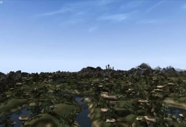 A vista of forests from Morrowind, rendered in the OpenMW engine