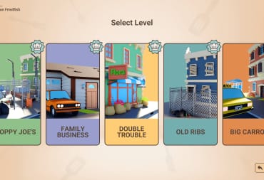 a level selector from Recipe for Disaster with 5 level cards, all are available to select and have a chef hat badge above them