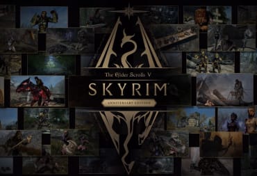 A logo of skyrim anniversary edition on a background made out of tiles with shots from the game