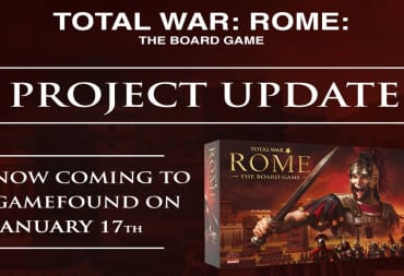 The box art for the Total War Rome board game followed by text announcing its delay