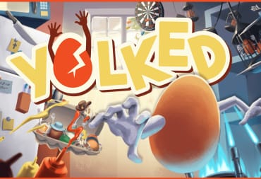 YOLKED official art, title in yellow, with cracked egg for the O, an egg with white robot arms reaches out to the foreground, propelled, in mid swing, as it flies through a kitchen which is filled with chaotic scenes. eggs in cages, gas stove fire, a cowboy hat wearing speckled egg dodging condiments, protecting a box full of eggs wearing other costumes.
